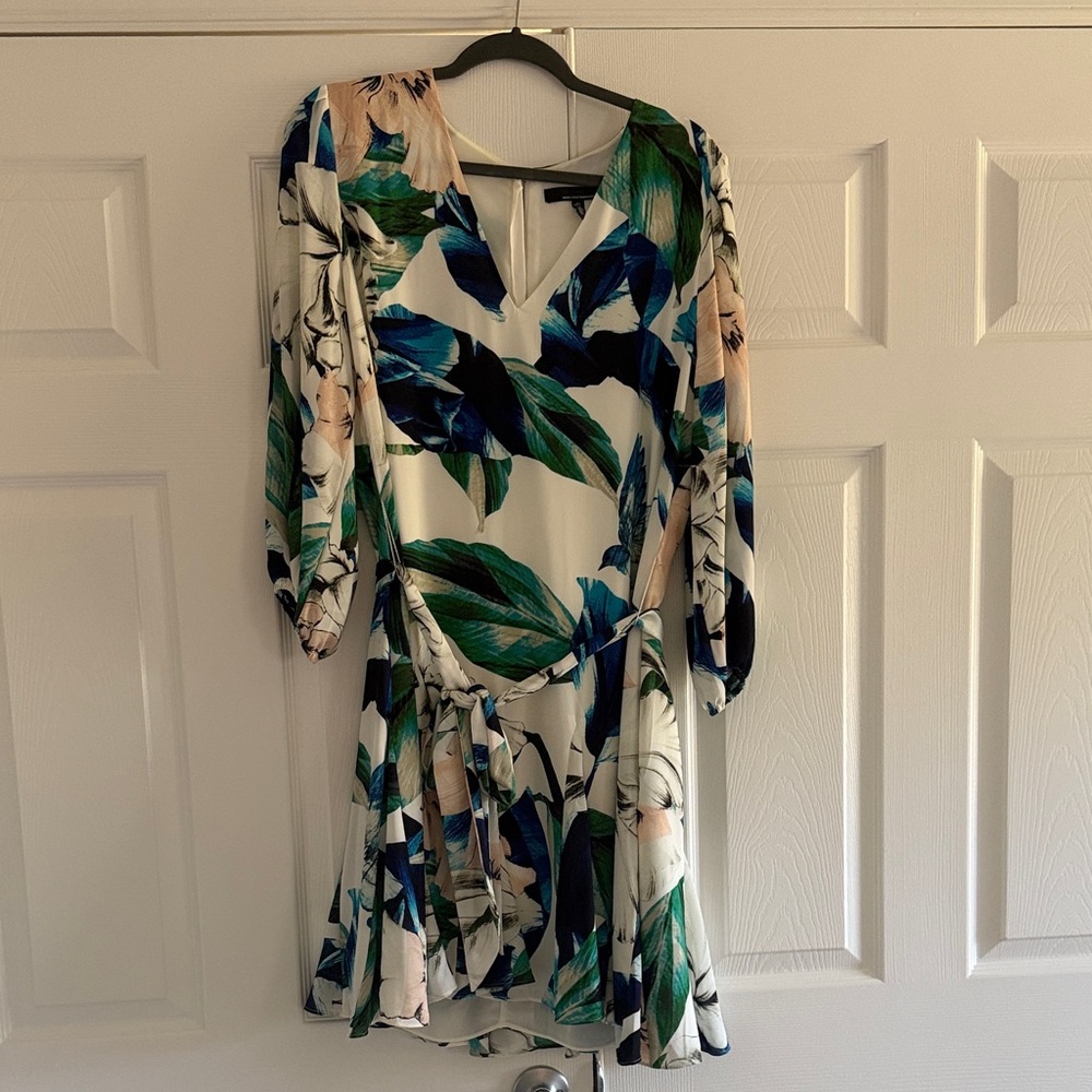 White House Black Market Floral Wrap Dress in Blue, Green, Cream - Picture 2 of 7